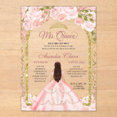 Blush Pink Floral Princess Gold Arch Quinceanera Acryl Uitnodigingen (Voorkant)