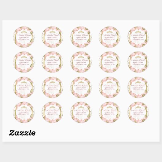 Blush Pink Floral Princess Gold Arch Quinceanera Ronde Sticker (Vel)