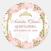 Blush Pink Floral Princess Gold Arch Quinceanera Ronde Sticker (Voorkant)