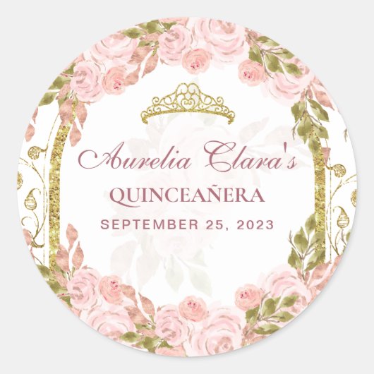 Blush Pink Floral Princess Gold Arch Quinceanera Ronde Sticker (Voorkant)