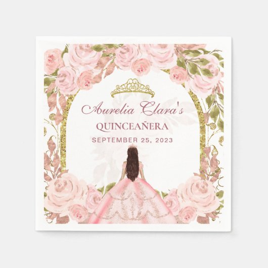 Blush Pink Floral Princess Gold Arch Quinceanera Servet (Voorkant)