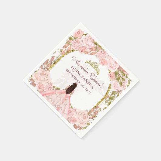 Blush Pink Floral Princess Gold Arch Quinceanera Servet (Hoek)
