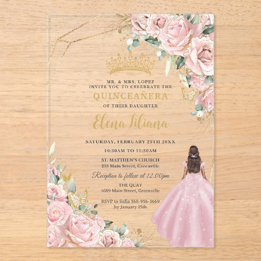 Blush Pink Floral Princess Gold Quinceanera 15 XV Acryl Uitnodigingen (Voorkant)