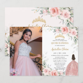 Blush Pink Floral Princess Roos Gold Quinceañera Kaart