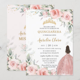 Blush Pink Floral Princess Roos Gold Quinceañera Kaart