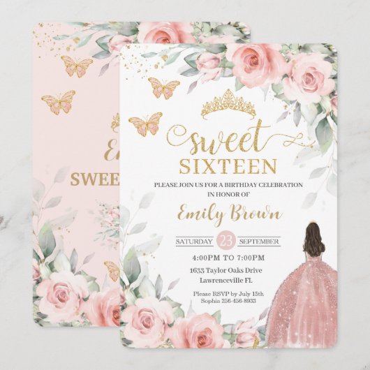 Blush Pink Floral Princess Roos Gold Sweet Sixteen Kaart (Voorkant / Achterkant)