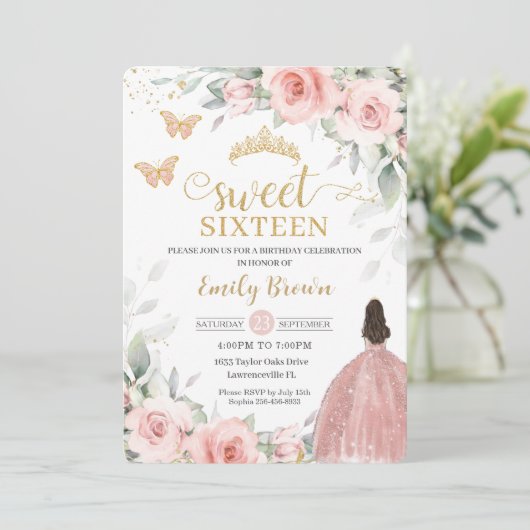 Blush Pink Floral Princess Roos Gold Sweet Sixteen Kaart (Staand voorkant)