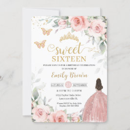 Blush Pink Floral Princess Roos Gold Sweet Sixteen Kaart