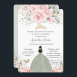 Blush Pink Floral Princess Sage Green Quinceañera Kaart<br><div class="desc">Deze uitnodiging van Quinceañera is voorzien van een kweepermeisje dat gekleed is in een groenachtige sage en een delicate waterverf die roze bloem en zachte bladgroenblaasjes met een zachte onderlaag draagt. Pas het met uw details gemakkelijk en snel aan, druk eenvoudig de pas het knoop aan om de stijl en...</div>