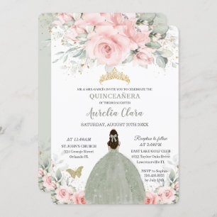 Blush Pink Floral Princess Sage Green Quinceañera Kaart