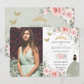 Blush Pink Floral Princess Sage Green Quinceañera Save The Date (Voorkant / Achterkant)