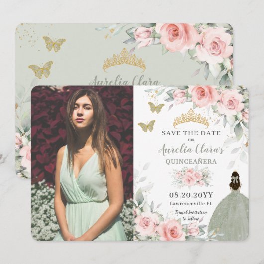 Blush Pink Floral Princess Sage Green Quinceañera Save The Date (Voorkant / Achterkant)
