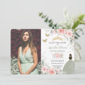 Blush Pink Floral Princess Sage Green Quinceañera Save The Date (Staand voorkant)