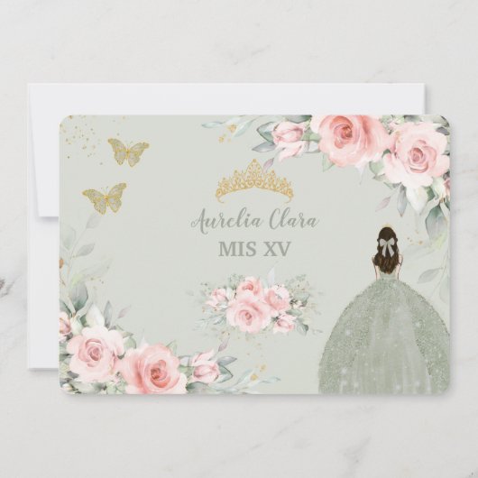 Blush Pink Floral Princess Sage Green Quinceañera Save The Date (Achterkant)