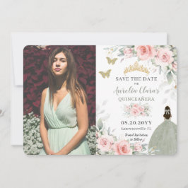 Blush Pink Floral Princess Sage Green Quinceañera Save The Date