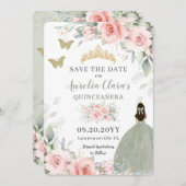 Blush Pink Floral Princess Sage Green Quinceañera Save The Date (Voorkant / Achterkant)
