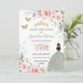 Blush Pink Floral Princess Sage Green Quinceañera Save The Date (Staand voorkant)