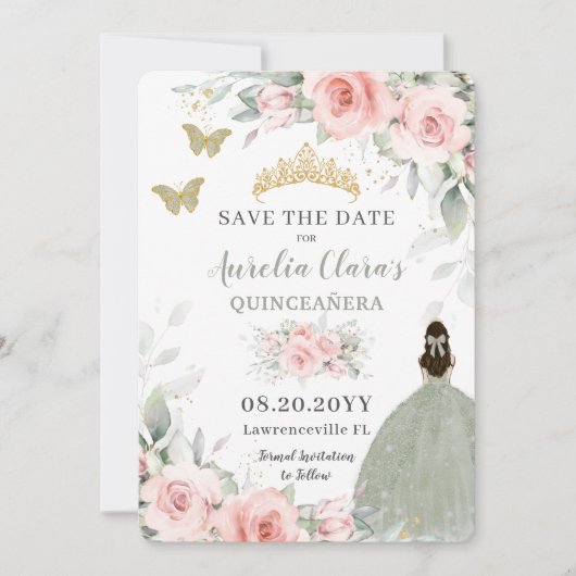 Blush Pink Floral Princess Sage Green Quinceañera Save The Date (Voorkant)
