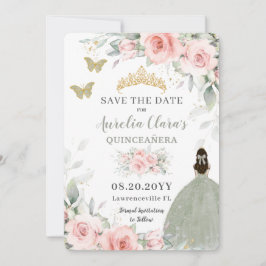 Blush Pink Floral Princess Sage Green Quinceañera Save The Date