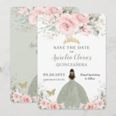 Blush Pink Floral Princess Sage Green Quinceañera Save The Date (Voorkant / Achterkant)
