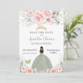 Blush Pink Floral Princess Sage Green Quinceañera Save The Date (Staand voorkant)