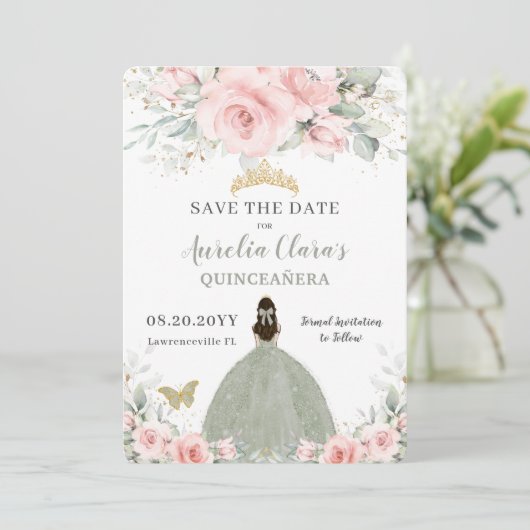 Blush Pink Floral Princess Sage Green Quinceañera Save The Date (Staand voorkant)