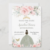 Blush Pink Floral Princess Sage Green Quinceañera Save The Date (Voorkant)
