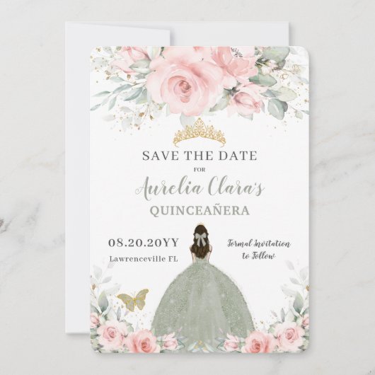 Blush Pink Floral Princess Sage Green Quinceañera Save The Date (Voorkant)