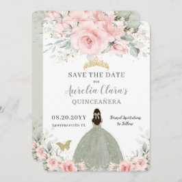 Blush Pink Floral Princess Sage Green Quinceañera Save The Date
