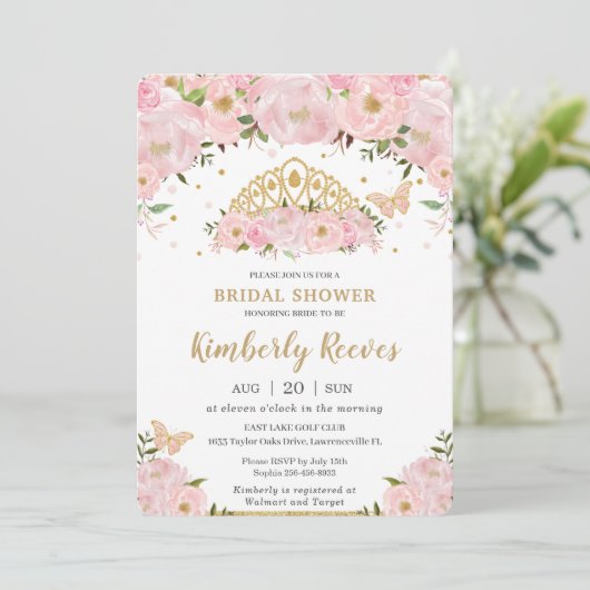 Blush Pink Floral Princess Tiara Vrijgezellenfeest Kaart (Staand voorkant)