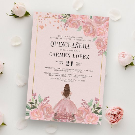Blush Pink Floral prinses Birthday Quinceanera in Kaart