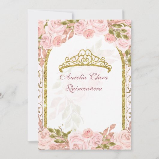 Blush Pink Floral Prinses Gouden Boog Quinceanera Kaart (Achterkant)