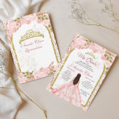 Blush Pink Floral Prinses Gouden Boog Quinceanera  Kaart