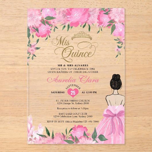 Blush Pink Floral Prinses Mis Quince Quinceañera Acryl Uitnodigingen (Voorkant)