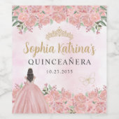 Blush Pink Floral Prinses Quinceanera Verjaardag Wijn Etiket (Enkel label)
