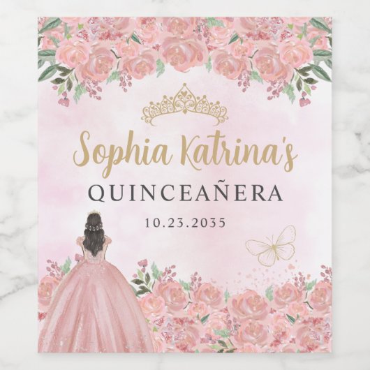 Blush Pink Floral Prinses Quinceanera Verjaardag Wijn Etiket (Enkel label)