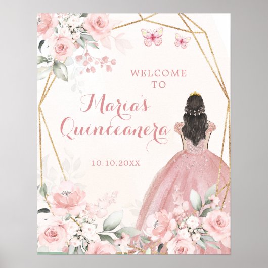 Blush Pink Floral Prinses Quinceañera Welkom Poster (Voorkant)