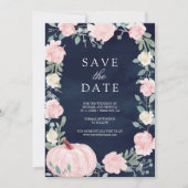 Blush Pink Floral Pumpkin Navy Blue Photo Wedding Save The Date (Voorkant)