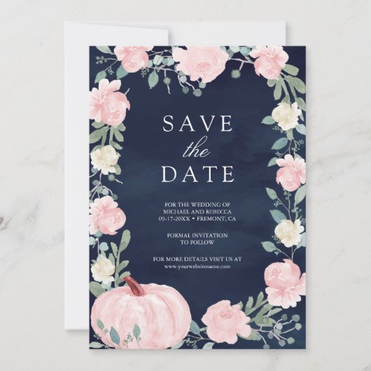 Blush Pink Floral Pumpkin Navy Blue Photo Wedding Save The Date (Voorkant)