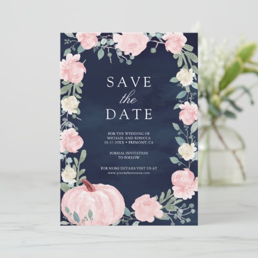 Blush Pink Floral Pumpkin Navy Blue Photo Wedding Save The Date (Staand voorkant)