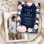 Blush Pink Floral Pumpkin Navy Blue Photo Wedding Save The Date