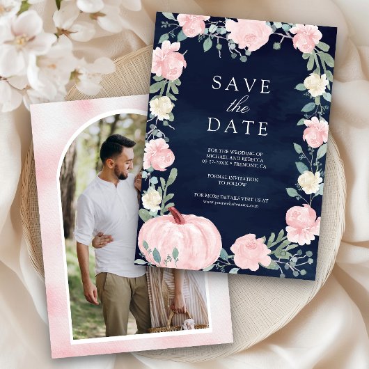 Blush Pink Floral Pumpkin Navy Blue Photo Wedding Save The Date