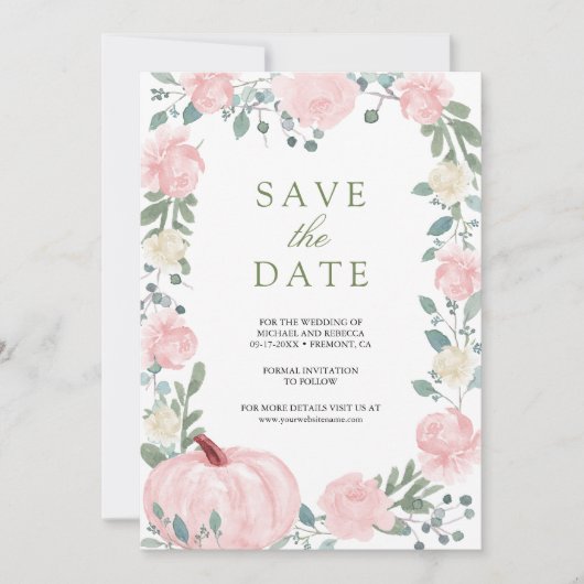 Blush Pink Floral Pumpkin Photo Wedding Save The Date (Voorkant)