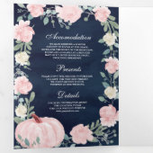 Blush Pink Floral Pumpkin QR Code Navy Weddenschap Drieluik Uitnodiging (Binnenzijde eerst)