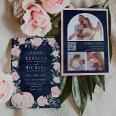 Blush Pink Floral Pumpkin QR Code Navy Weddenschap Kaart
