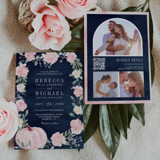 Blush Pink Floral Pumpkin QR Code Navy Weddenschap Kaart