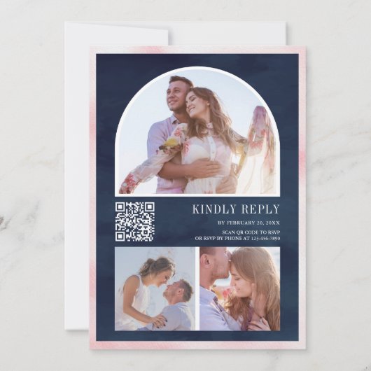 Blush Pink Floral Pumpkin QR Code Navy Weddenschap Kaart (Achterkant)