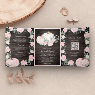 Blush Pink Floral Pumpkin QR Code Wood Weddenschap Drieluik Uitnodiging