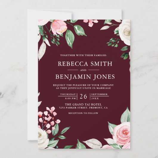 Blush Pink Floral QR Code Burgundy Weddenschap Kaart (Voorkant)