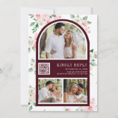 Blush Pink Floral QR Code Burgundy Weddenschap Kaart (Achterkant)
